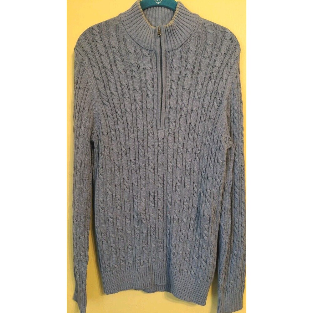 VTG IZOD Men's Blue Quarter Zip Cable Knit Pullover Sweater 90's Preppy Size M